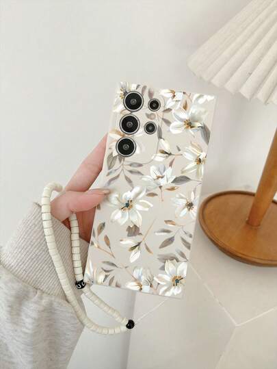 1 ốp lưng điện thoại TPU trắng phong cách retro họa tiết hoa mộc lan màu nước beige chống rơi bao phủ toàn diện và 1 dây đeo cổ tay hoa đính đá trắng, phù hợp cho ốp lưng điện thoại đa năng/ốp lưng kèm dây đeo/ốp lưng độc đáo/ốp lưng /ốp lưng Android/Galaxy/Galaxy S26 S25 S24 S23 S22 S21 S20 Plus Ultra FE/Galaxy A56 A55 A54 4G 5G