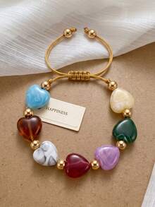 ZIRUISP 女士樹脂愛心串珠手鍊，可調節編織繩手環，Y2K波希米亞風夏季海灘飾品，日常配戴友誼禮物 - 七色愛心手繩 - 查看 4