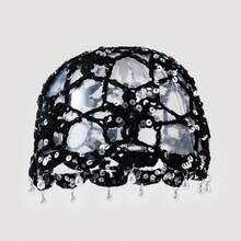 1pc Bohemian Solid Color Hollow Out Sequin Knitted Hair Cap - Multicolor-b - View 8