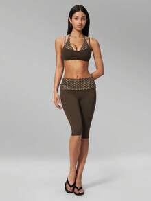 MFVIM Women's 2-Piece Yoga Set, Vintage 2 In 1 Camisole Top / Folded High Waist Slimming Capris Anti-Exposure - Brown With White Polka Dots - View 7
