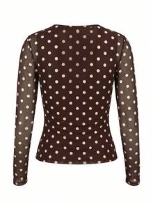 Women's V-Neck Polka Dot Pleated Slim Fit Versatile Daily Long Sleeve Top - Brown - View 8