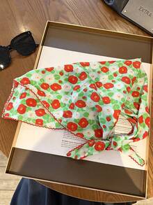 1pc Small Floral Pattern Square Silk Scarf Women Spring Autumn New High-End Gauze Scarf Versatile Decorative Neck Scarf Thin Elegant - Red and Green - View 1
