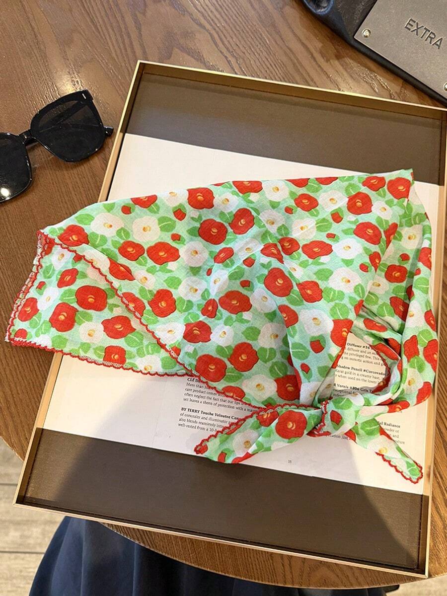 1pc Small Floral Pattern Square Silk Scarf Women Spring Autumn New High-End Gauze Scarf Versatile Decorative Neck Scarf Thin Elegant - Red and Green - View 1
