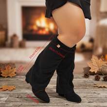 Women's Wide Shaft Foldable Chunky Heel Black High Heel Square Toe Boots - Black Square Strap - View 4