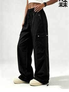 mulinsen Women's Elastic Waist Multi-Pocket Cargo Pants, Loose Wide Leg Drawstring Hem Casual Streetwear Long Pants - Black - View 1