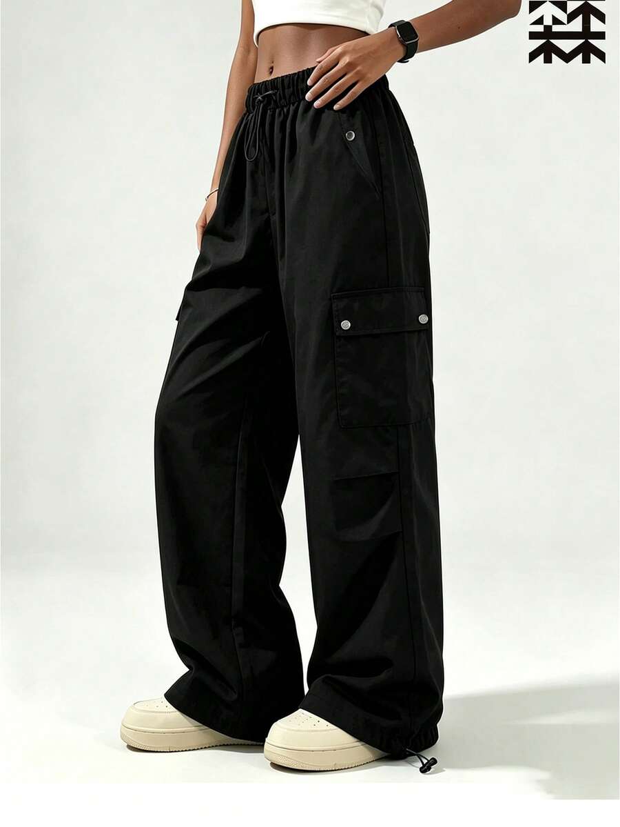 mulinsen Women's Elastic Waist Multi-Pocket Cargo Pants, Loose Wide Leg Drawstring Hem Casual Streetwear Long Pants - Black - View 1