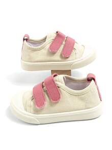 Infant Beige Canvas Casual Shoes, Pink Double Hook & Loop Fastener, Round Toe Flat Sole Versatile Style, Suitable For Daily Outdoor Activities/School Wear - Pink - View 5