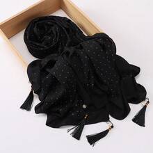 Oversized 200cm*85cm Heavy-Duty Luxurious Rhinestone Modest Pleated Plaid Tassel Pearl Pendant Daily Wear Breathable Solid Color Muslim Hijabs - Multicolor - View 14