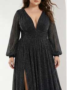 YISIKADO Plus Size Women's Deep V-Neck Lantern Sleeve Slit Sexy Party Evening Gown - Black - View 6