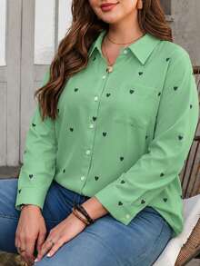 Plus Size Women's Casual Minimalist Heart Print Long Sleeve Button-Up Shirt, Suitable For Autumn Daily Wear And Commute Outfit - Green - View 4
