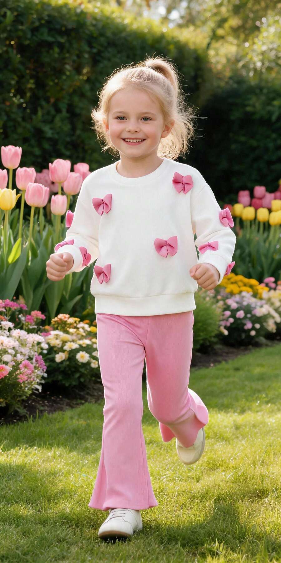 2pcs/Set Girls Bow Sweatshirt & Flare Pants Outfit, Children's Clothing, Autumn - Pink - View 1