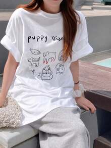 Pet Illustration Print White Short Sleeve T-Shirt Women's Loose Fit Casual - White - View 1