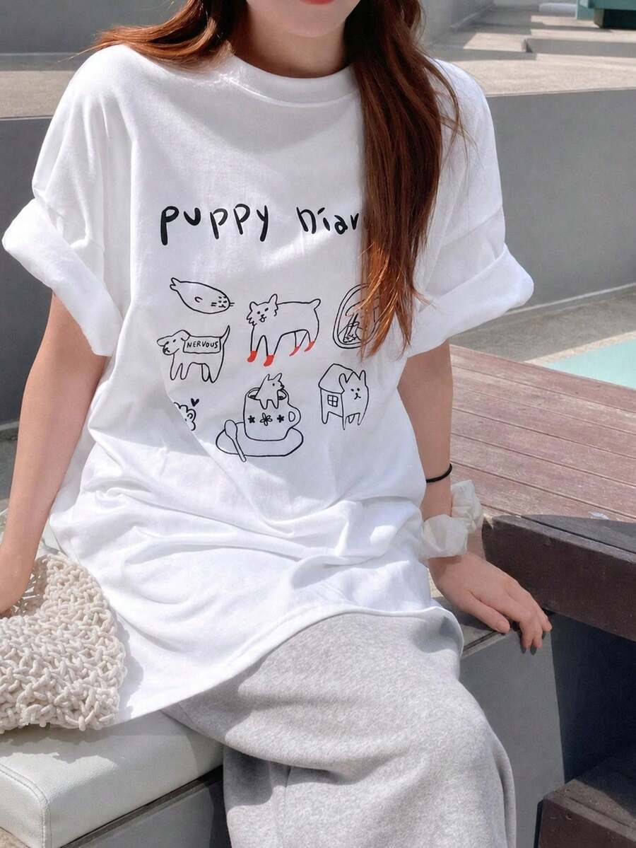 Pet Illustration Print White Short Sleeve T-Shirt Women's Loose Fit Casual - White - View 1