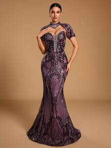 GIFORU Women's Elegant Romantic Deep V-Neck Rhinestone Mermaid Cocktail Dress, Sequin Decorated Party Long Gown, Unique Fashion Wedding Fall - Lilac Purple - View 5