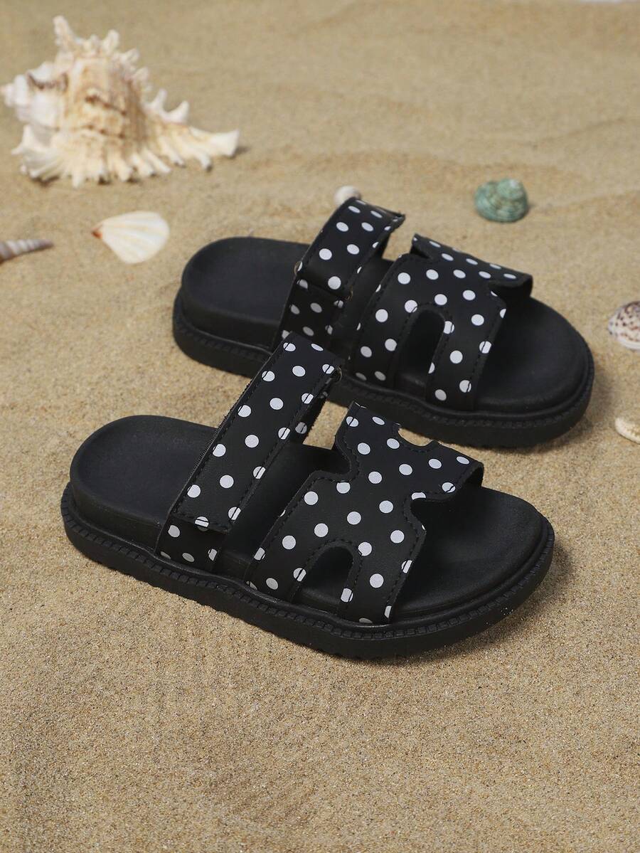 1 Pair Summer Kids Flat Thick Sole Sandals, Fashion Versatile Hook & Loop Design Slip-On Girls Slippers, Suitable For Outdoor, Party, Beach