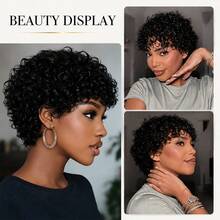 Afro Kinky Curly Bob Wig With Bangs Brazilian Human Hair Wig For Women Short Water Curly Pixie Cut Remy Human Hair Wig Full Machine Made 4" 200% Density For Daily Wear & Cosplay & Parties & Music Festival & Valentine's Day - Natural Black - 查看 8