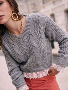 Sweater Rajut Kabel Leher V dengan Hiasan Renda - Pullover Longgar yang Nyaman untuk Musim Gugur, Cocok untuk Gaya Kasual Sehari-hari dan Kampus di Musim Gugur - Grey - View 2