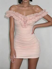 Top Dazzle Women's Sexy Sleeveless Ruffle Collar Off-Shoulder Fitted Dress, Elegant Mesh Fabric Ruched Short Mini Dress, Create A Stunning Look - Pink - View 2