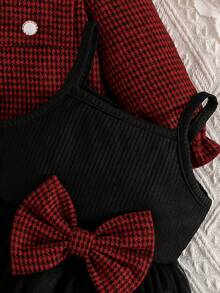 Little Girl Formal Occasion Fashion Elegant Vintage Style Outfit Exquisite Pearl Decorated Collar Jacket Paired With Ribbed Strap Bow Mesh Dress - Black - View 6