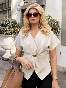 Dripcurv Plus-Size Women's Summer Elegant White Top,Loose Comfortable V-Neck Short-Sleeved Blouse,Metal Buckle Waist Knot Decoration Office Shirt - Apricot - View 3