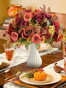 3pcs Artificial Daisy Peony Rose Bouquet With Hydrangea Accents, Faux Flowers, Home Decor, Autumn, Wedding, Halloween, Thanksgiving, Autumn Table Centerpiece Decoration, Home Office Display, Hotel, Home Room, Table Party Decoration, DIY Wreath Decoration - Orange - View 9