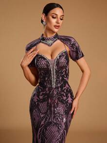 GIFORU Women's Elegant Romantic Deep V-Neck Rhinestone Mermaid Cocktail Dress, Sequin Decorated Party Long Gown, Unique Fashion Wedding Fall - Lilac Purple - View 11