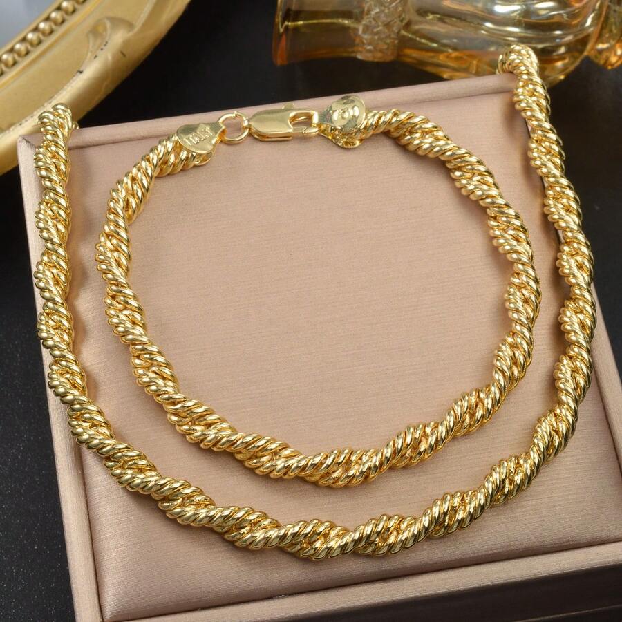 2 Stücke Vintage 14K vergoldetes Kupfer Mehrsträngige verdrehte Gold Halskette Armband Schmuckset für Frauen tägliche Party Kleidung - Gold - Übersicht 1