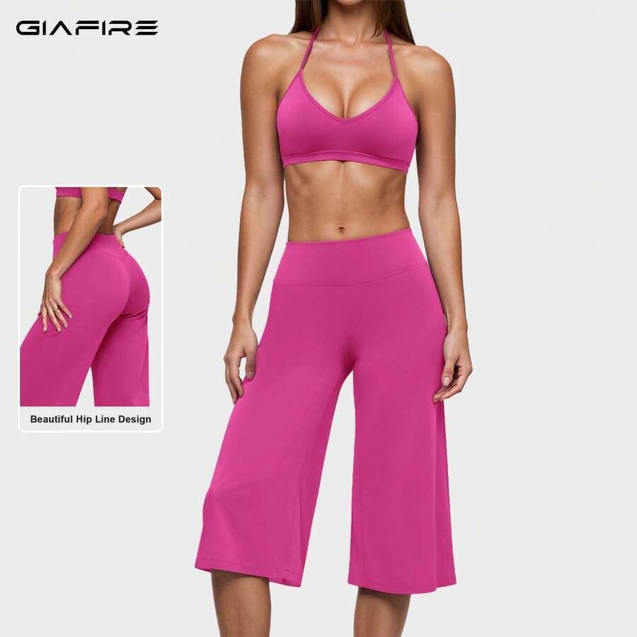 Women's 2 Pieces Set, Tank Top And Short Wide-Leg Pants, Suitable For Vacation, Dating And Daily Wear. Sports Set - Hot Pink - View 1