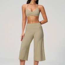 Women's 2 Pieces Summer Set, Tank Top And Short Wide Leg Pants, Suitable For Vacation, Date And Daily Wear. Sports Outfit - Khaki - View 3