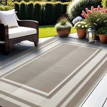 1pc Large Outdoor Rug[Free Tote Bag + 4 Ground Stakes], Outdoor Patio Rug, Washable, Plastic Straw PP Material, Suitable For Yard, Patio, Deck, Picnic, Porch, Balcony, Home Decor - Earth-tone Square Frame - View 3