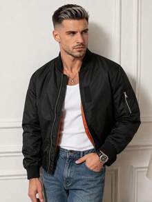 Men's Spring/Autumn Solid Color Thin Baseball Collar Casual Retro New Baseball Jacket Flight Jacket Outerwear - Black - View 2