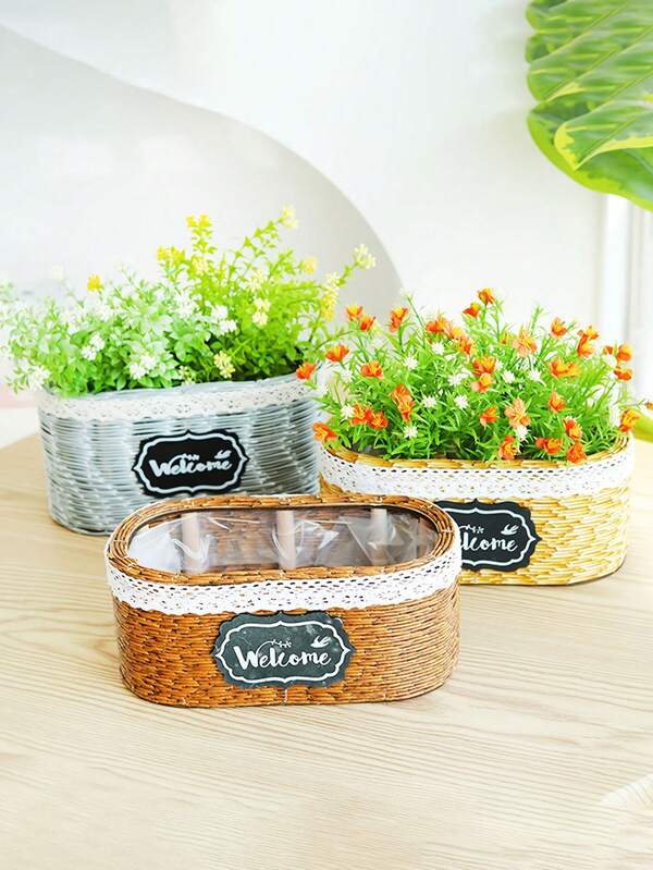 1pc 3 Colors Available Faux Wicker Woven Flower Basket, Garden Straw Basket, Indoor Decor Living Room Ornament, Green Plant Basket, Fresh Flower Pot, Bonsai Pot, Seedling Pot