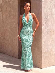 Vestido de cuello halter con cintura anudada y lentejuelas de corte aleatorio UNITHORSE - verde menta - Ver 2