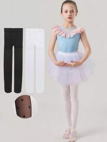 1/2pcs Cute Heart Print Sheer Mesh Ballet Tights, Daily Wear, Pantyhose, White/Black, Soft Dance Socks, Suitable For Toddler Girls, Back To School Season - Multicolor - View 2
