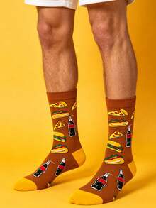 1 Paar Herren Crew Socken mit Pizza, Burger, Hot Dog und Soda Flaschen Muster, ideal für tägliche Outfits, Essensliebhaber, Freizeitkleidung, Geburtstags- und Feiertagsgeschenke, Party und Alltag - Verschiedenfarbig - Übersicht 3