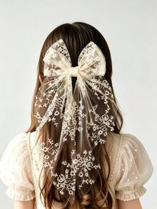 1pc Girls Pink Floral Lace Bow Hair Clip, Long Tulle Tassel Hair Accessory, Suitable For Daily And Party Hairstyles - Multicolor - View 6