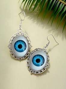 Boucles d'oreilles pendantes vintage en argent antique avec globe oculaire creux, accessoires de bijoux gothiques sorcière horreur Halloween, convient aux femmes et aux filles, style punk bizarre, cadeau - Œil bleu - Voir 4