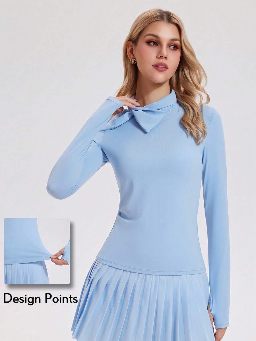 KyrLssu Women Neck Bow Tie Long Sleeve Slim Top, Solid Collar Thumb Hole Cuff Fitted Blouse For Daily Outfit Matching - Blue - View 1