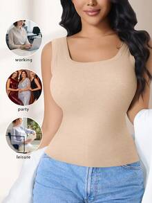 CELILIN Wide Strap Non-Constricting Square Neck Ribbed Waist Tank Top With Built-In Padding, Slimming Versatile Base Layer - Apricot - View 6