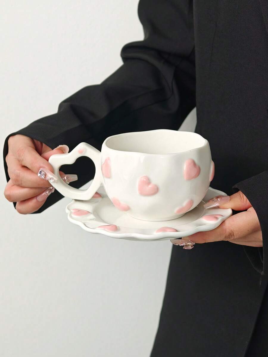 1 Set Pink Heart Embossed Ceramic Coffee Cup And Saucer, Breakfast Milk Cup Latte Coffee Cup Set, Suitable For Home, Cafe, Valentine's Day Gift, Mother's Day, Thanksgiving, Gift For Family And Friends