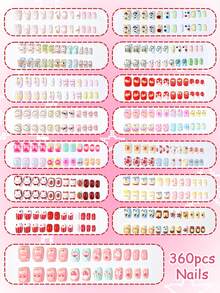 360pcs (15 Styles) Colorful Cartoon Acrylic Press-On Nails Gift Set, Full Coverage Short Artificial Nails For Girls, Kids Decorative Design (Cute Patterns) - Multicolor - View 4