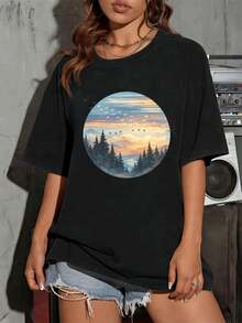 Vintage T-Shirt With Mountain Sunset Graphic, Premium Material, Crew Neck, Comfortable Fit, Unique Graphic Print - Black - View 1