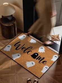 1pc Funny Halloween Ghost Welcome Print Doormat, Halloween Theme Yard Decor, Autumn Garden Welcome Mat, Outdoor Garden Decoration, Home Decor - Mustard Yellow - View 11