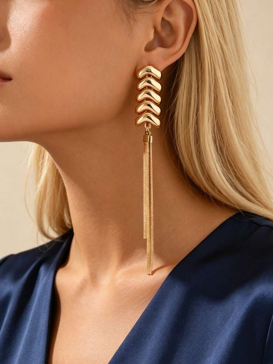 1 Pasang Anting Rantai Ular dan Tulang Panjang Berumbai Melengkung Mengkilap Berlapis-lapis untuk Wanita, Cocok untuk Acara Jamuan dan Pesta - Yellow Gold - View 1