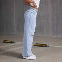 Women High Waist Single Ripped Wide Leg Jeans, Light Wash Loose Floor Length Denim Pants, Y2K Street Casual Long Trouse - Light Blue - View 2
