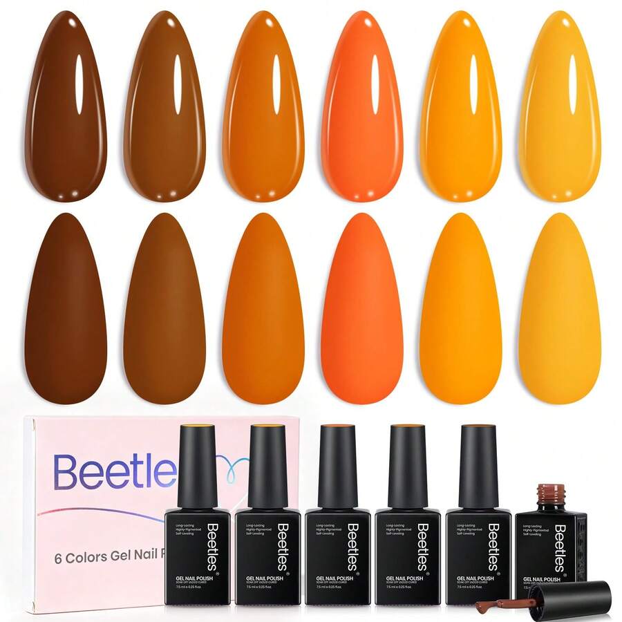 Beetles 6 Colors Maillard Season Brown Gel Nail Polish Set, Brown Orange Yellow Fall Gel Polish Kit, Soak Off UV LED Autumn Nail Art Manicure - 6 Colors Maillard Season Brown - 查看 1