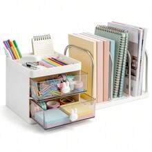 Shoze White Desktop Organizer With Drawers, Bookshelf & File Sorter With Pen Holder And 4 Metal Bookends - White - View 8