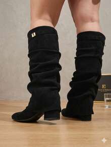 Women's Wide Shaft Foldable Chunky Heel Black High Heel Square Toe Boots - Black Square Strap - View 3
