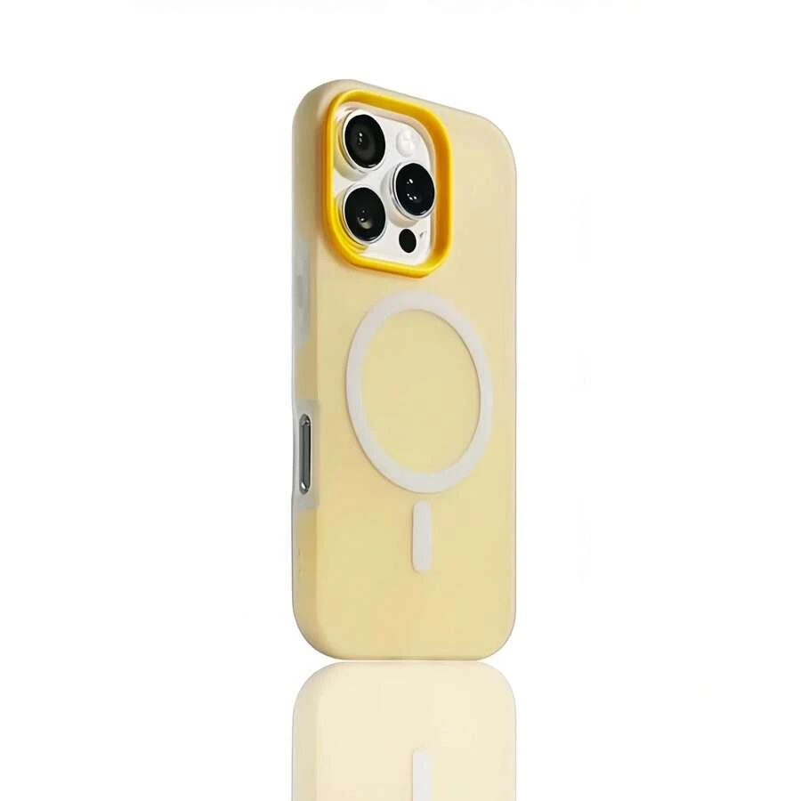 手機殼，對比色鏡框純黃色磨砂 TPU 防震軟殼，支持無線充電，仿液態矽膠極簡外殼，保護套兼容 Apple 11/12/13/14/15/16/17 Pro Max Plus Air 系列
