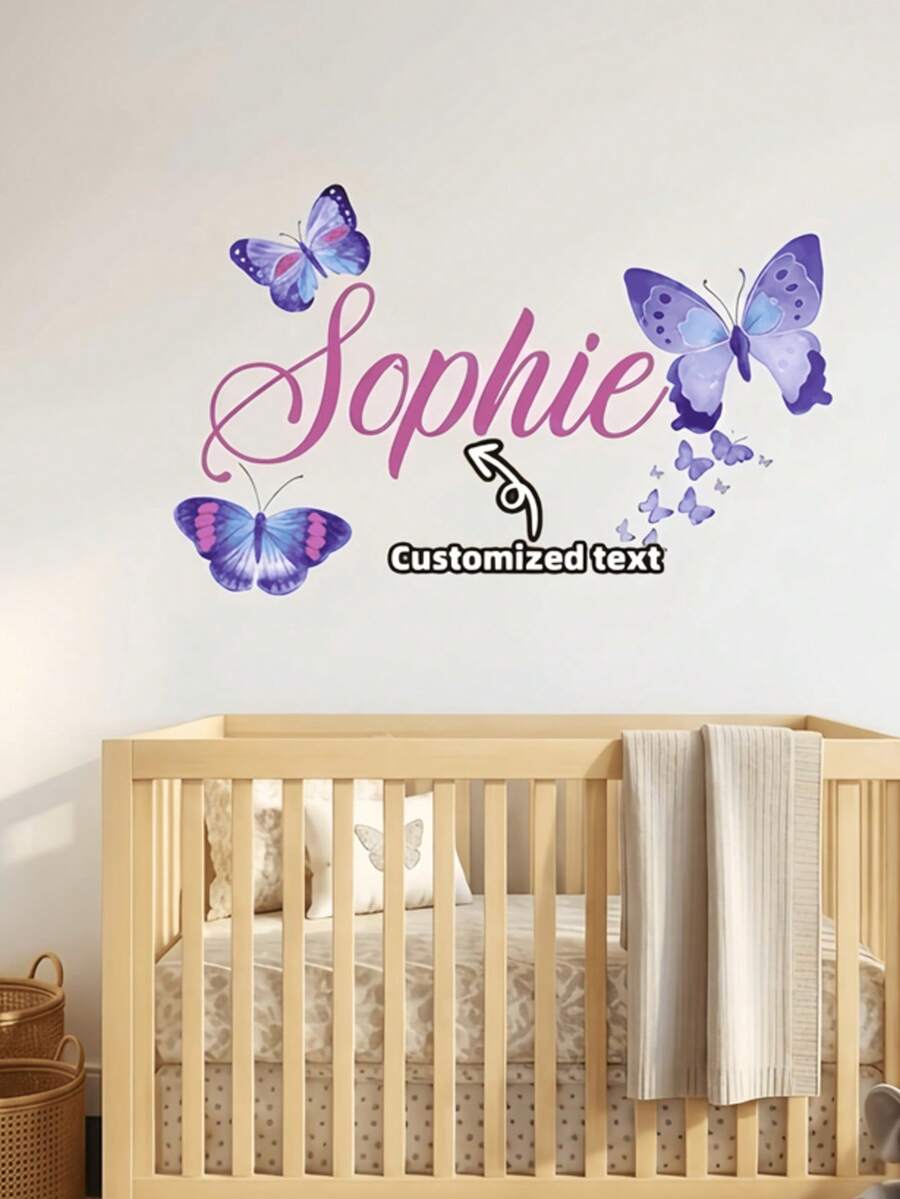 Calcomanía de pared personalizada con nombre y mariposa, pegatina de vinilo autoadhesiva personalizada para decoración del hogar y dormitorio (solo la pegatina) - Multicolor - Ver 1